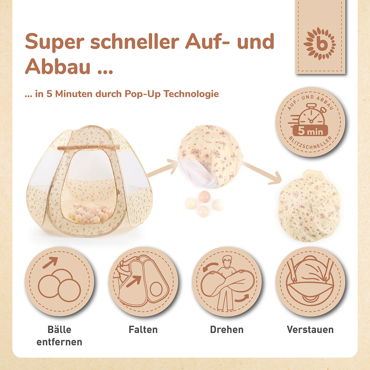 Pop Up Spielzelt und Bällebad Vintage Flowers mit 50 Bällen