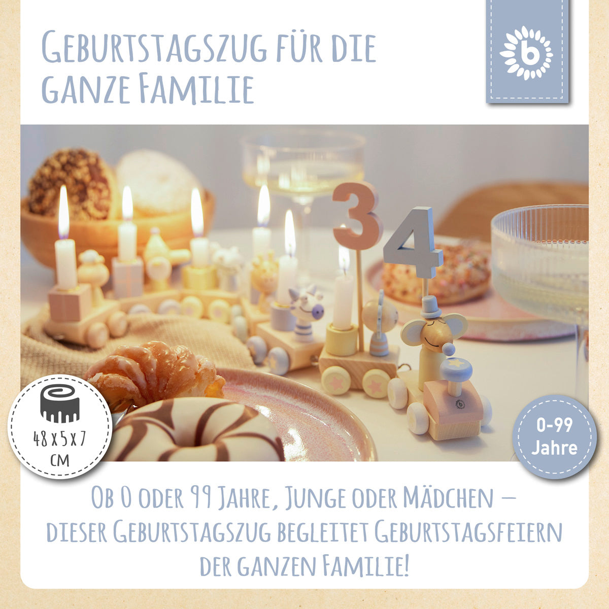 Geburtstagszug Holz Candy 0-99 Jahre mit 6 Kerzen