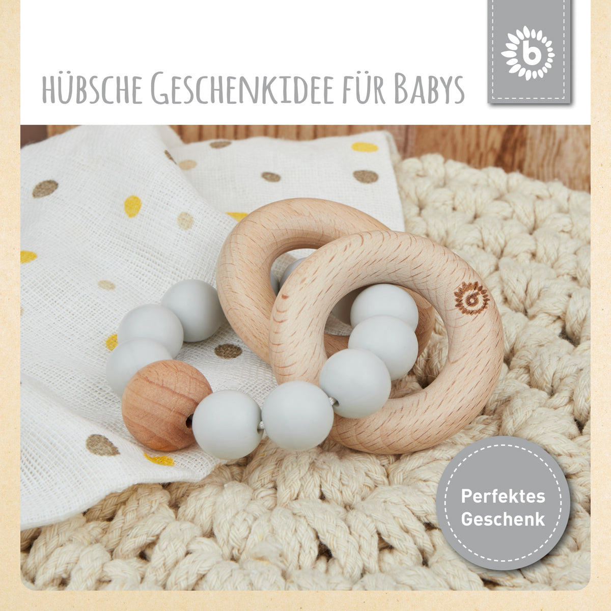 Beißring mit Silikonkette silver