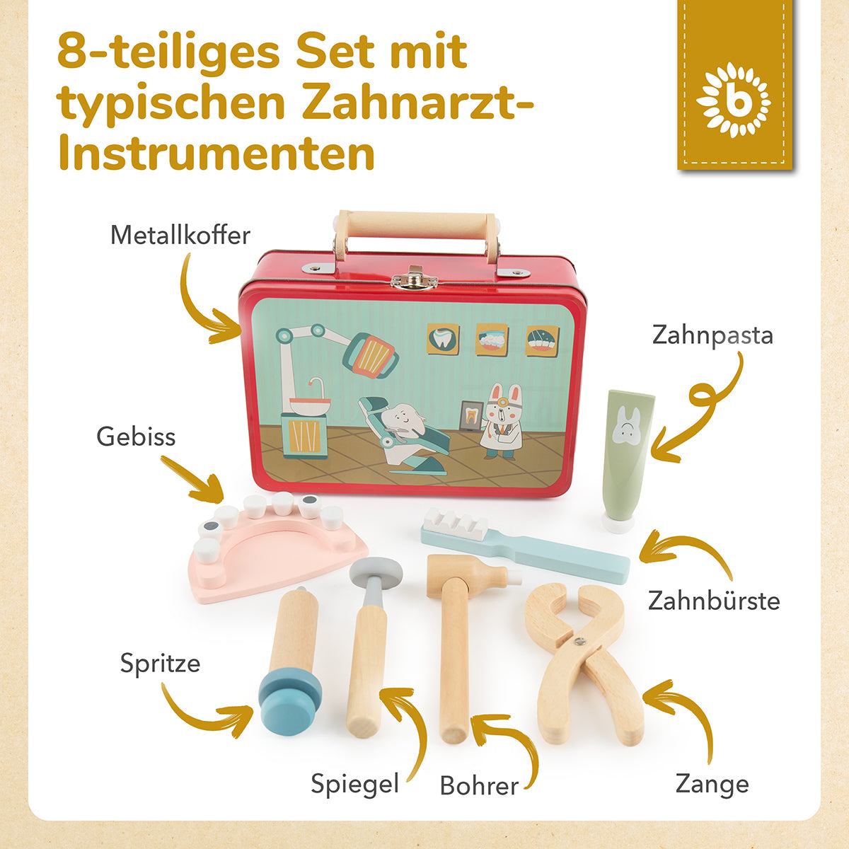 Zahnarztkoffer für Kinder – Spielset aus Holz im Metallkoffer, 8-teilig