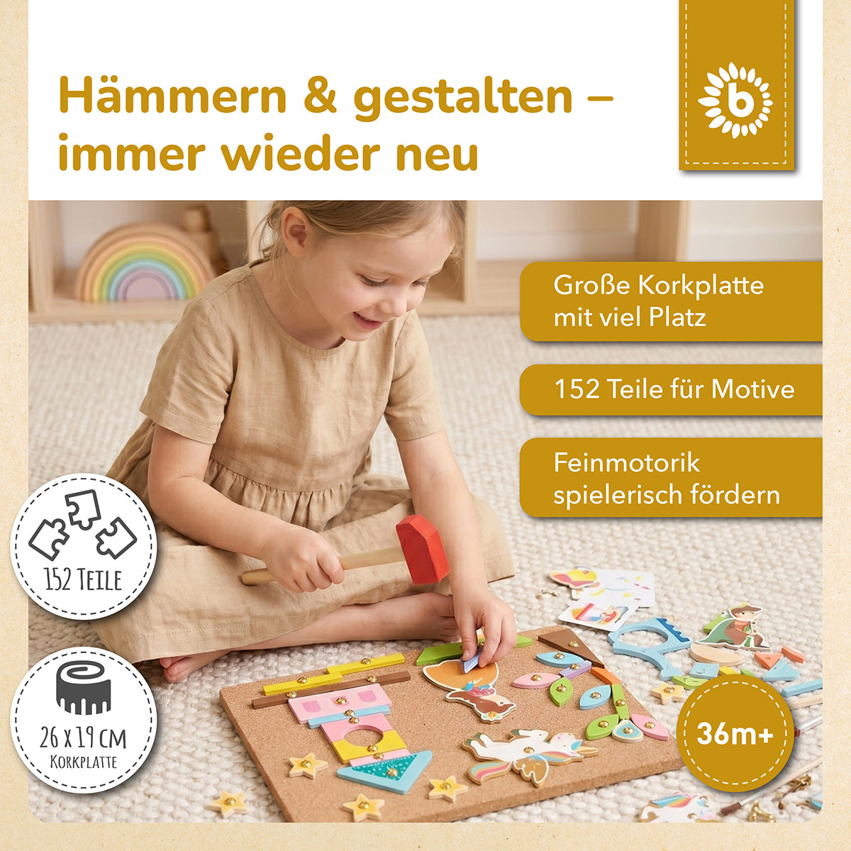 Hämmerchenspiel – Nagelspiel mit Korkplatte – Einhornwelt, 152 Teile