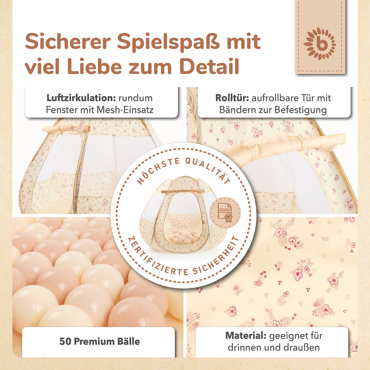 Pop Up Spielzelt und Bällebad Vintage Flowers mit 50 Bällen