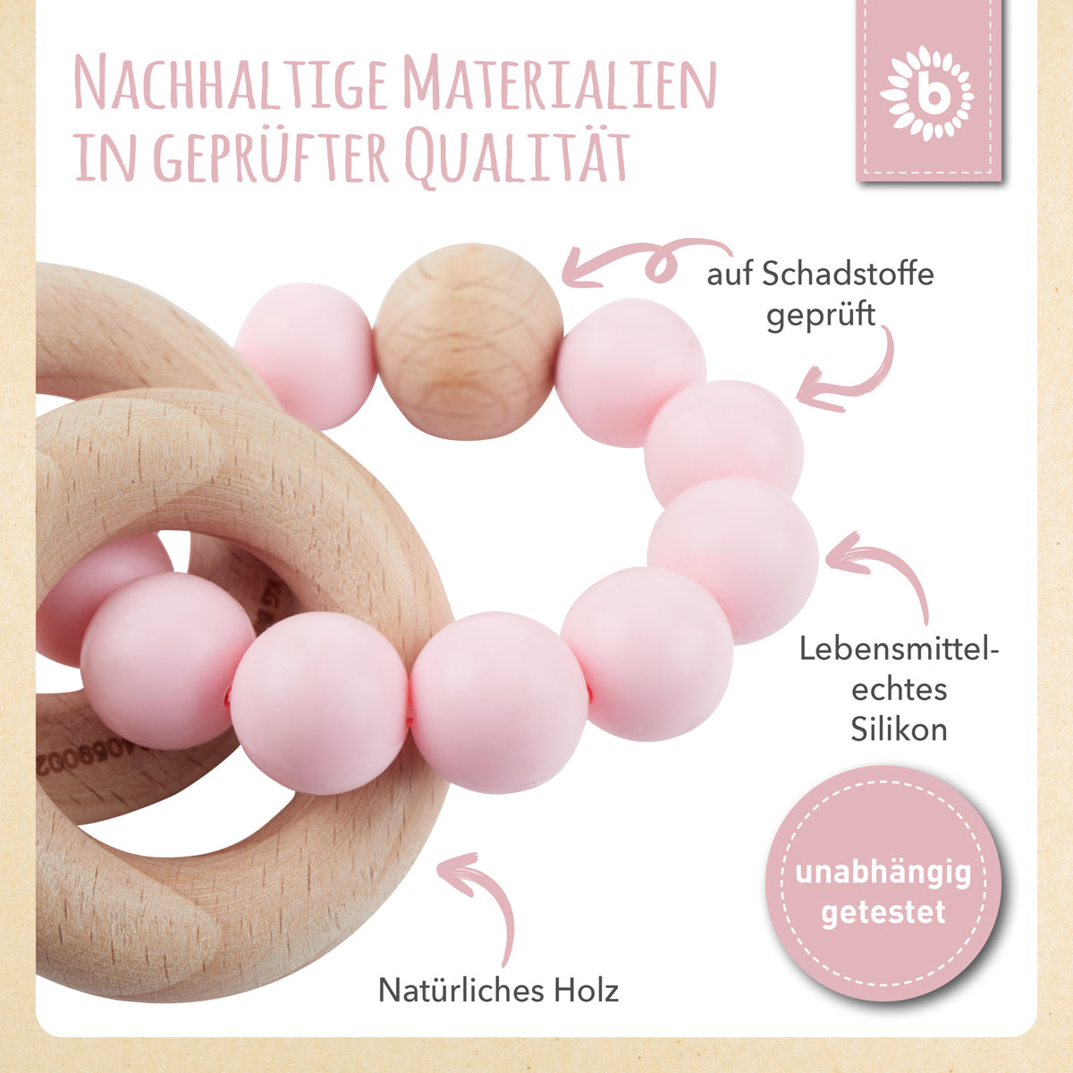 Beißring mit Silikonkette rose