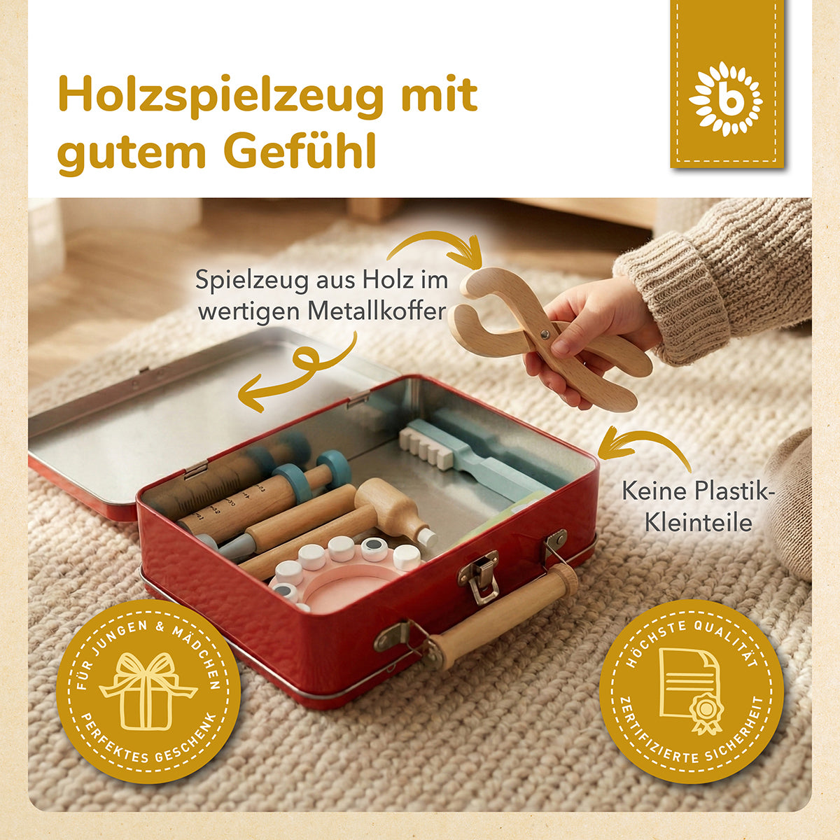Zahnarztkoffer für Kinder – Spielset aus Holz im Metallkoffer, 8-teilig