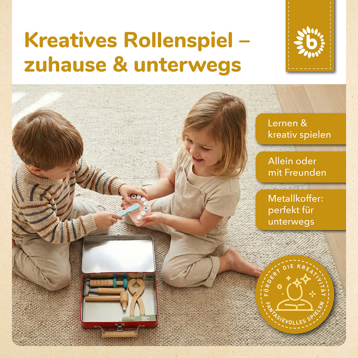 Zahnarztkoffer für Kinder – Spielset aus Holz im Metallkoffer, 8-teilig