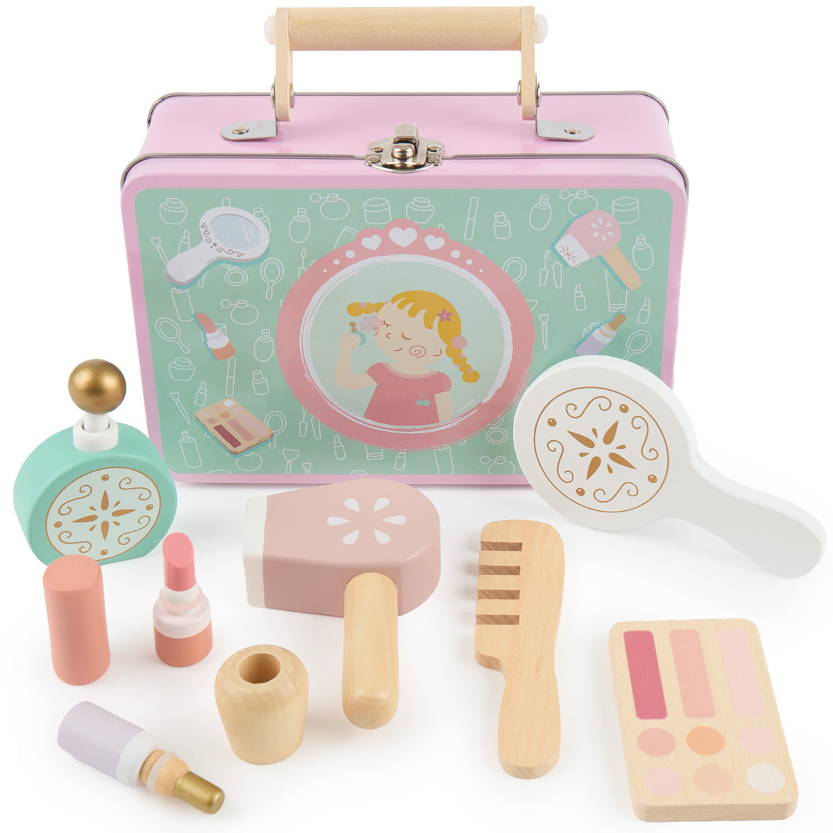 Schminkkoffer für Kinder – Beauty-Spielset aus Holz im Metallkoffer, 8-teilig