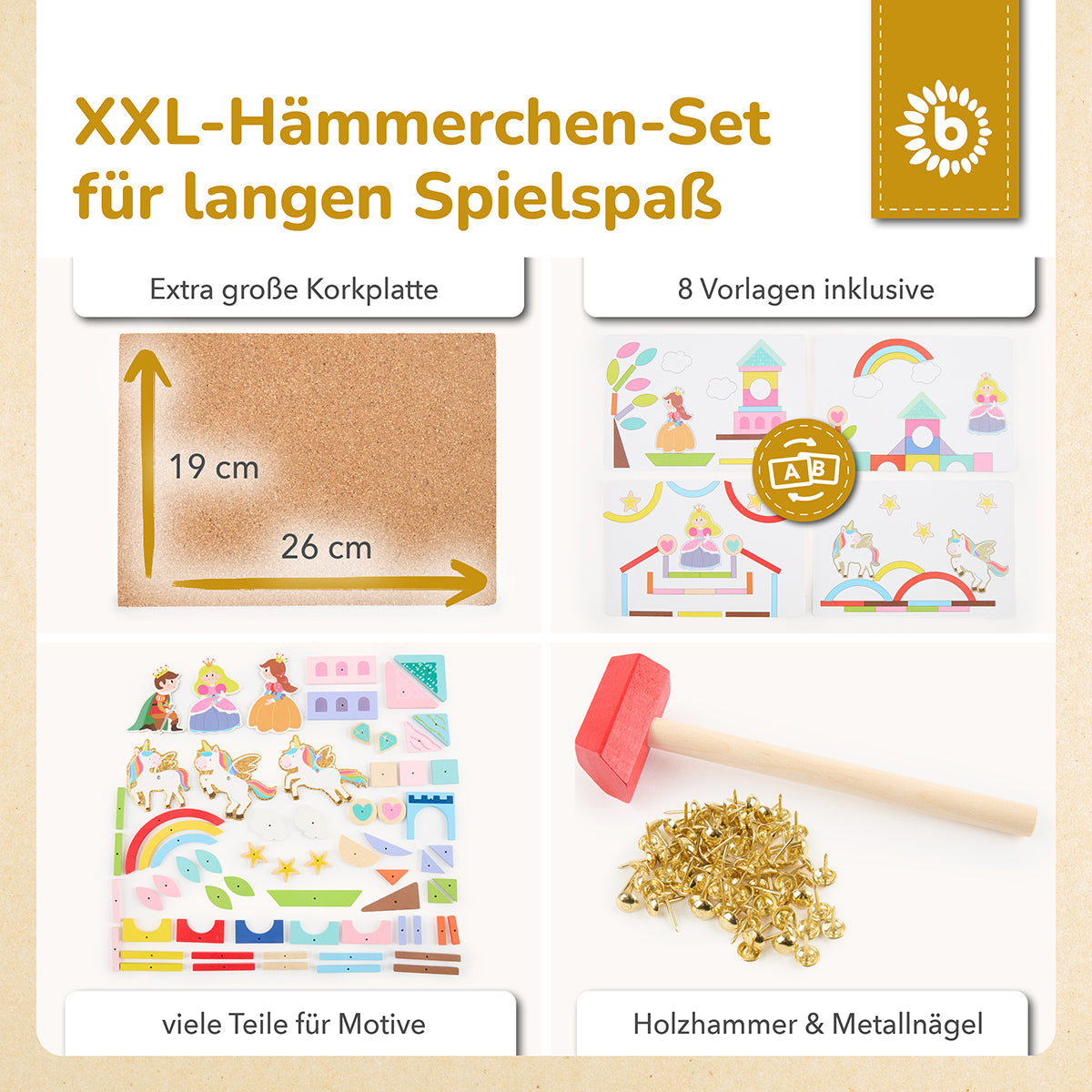 Hämmerchenspiel – Nagelspiel mit Korkplatte – Einhornwelt, 152 Teile