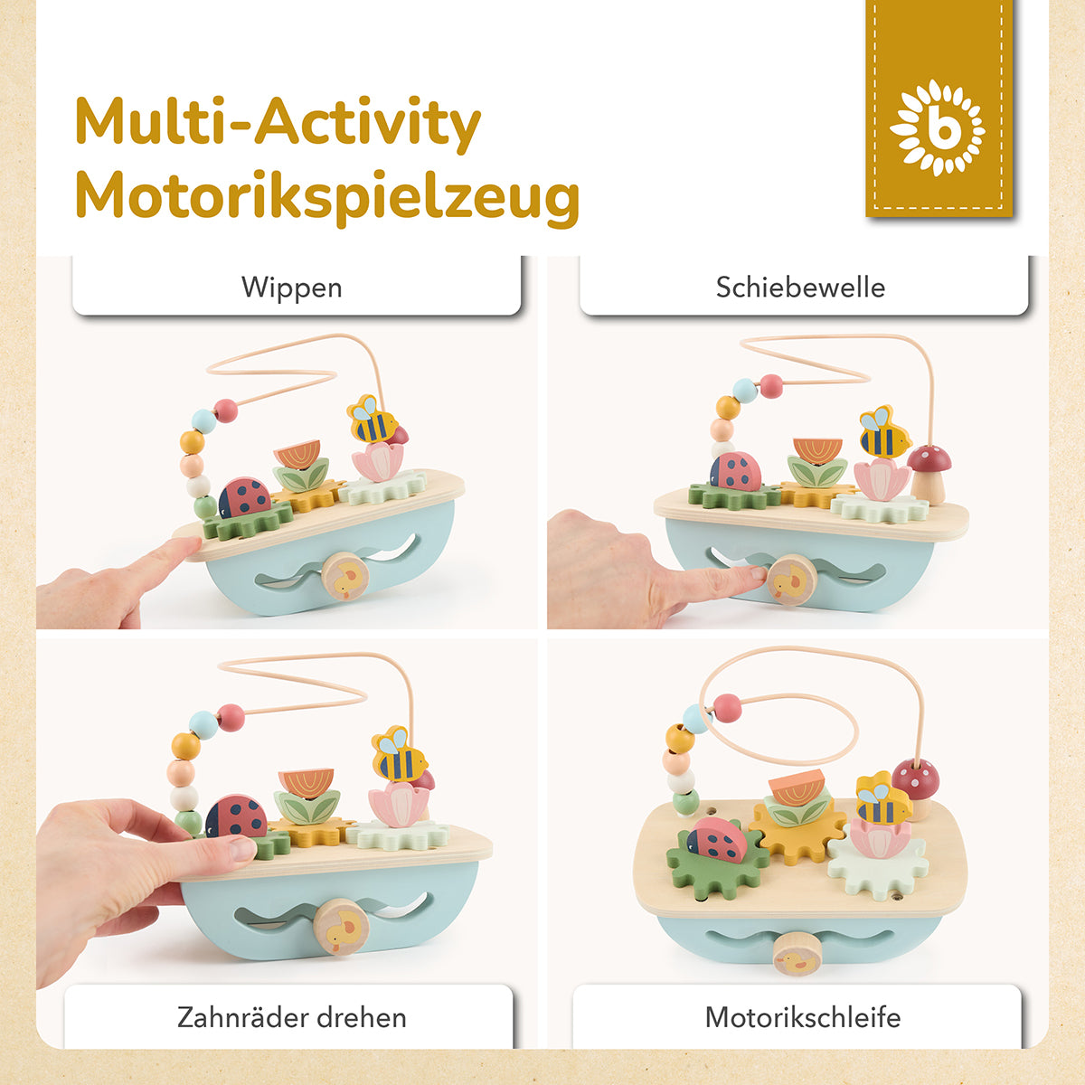 Motorikschleife aus Holz – Multi-Activity ab 1 Jahr – Frühlingswiese