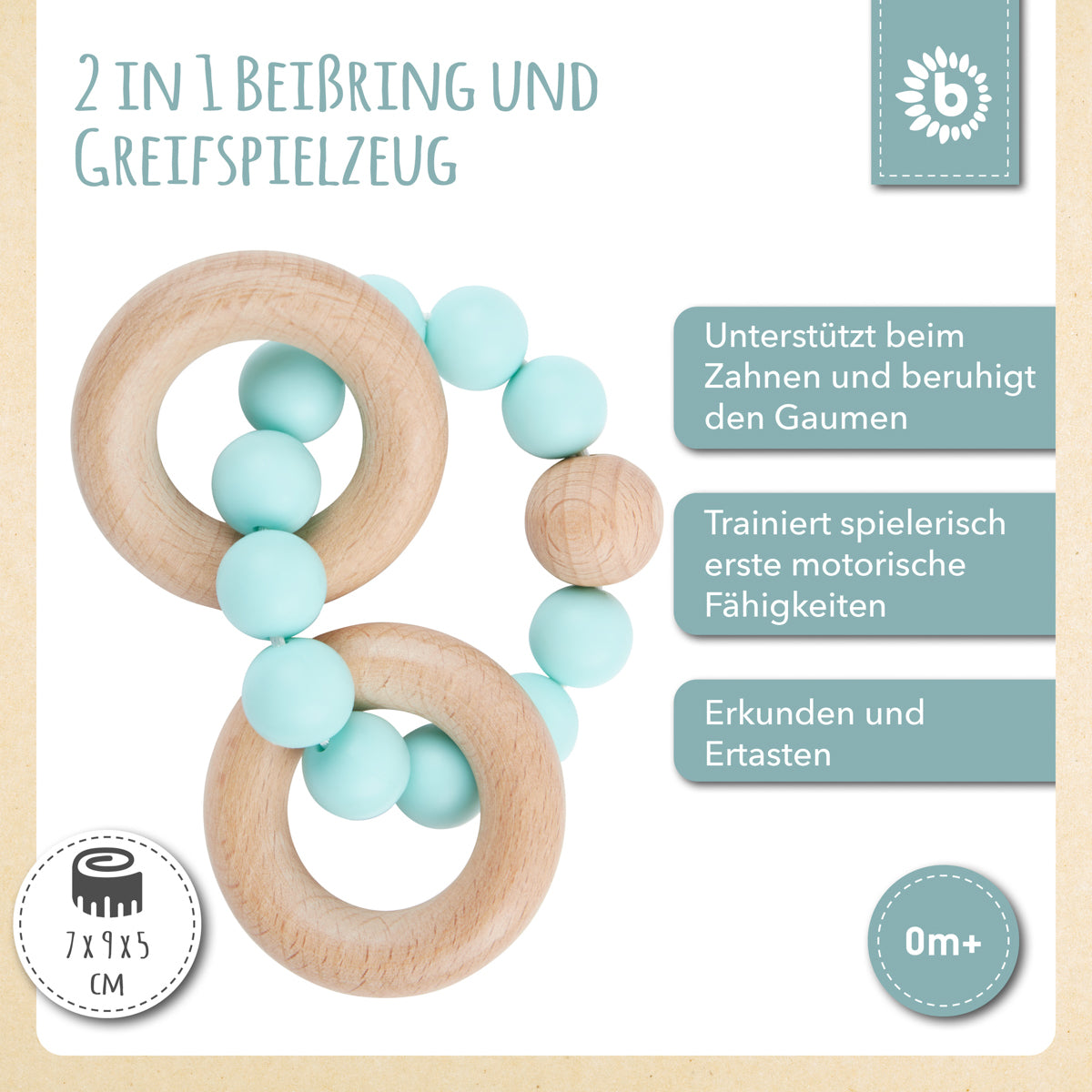 Beißring mit Silikonkette teal