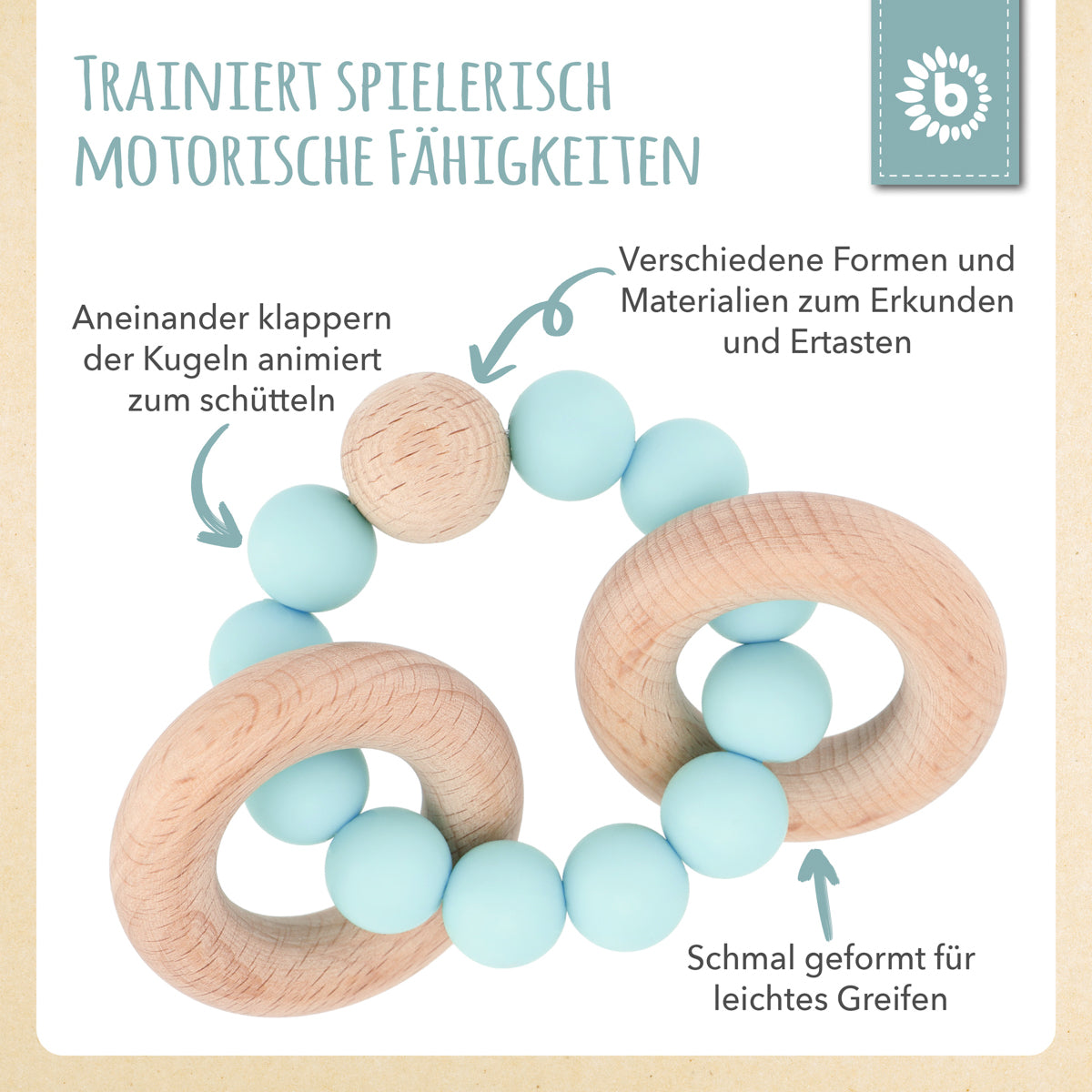 Beißring mit Silikonkette teal