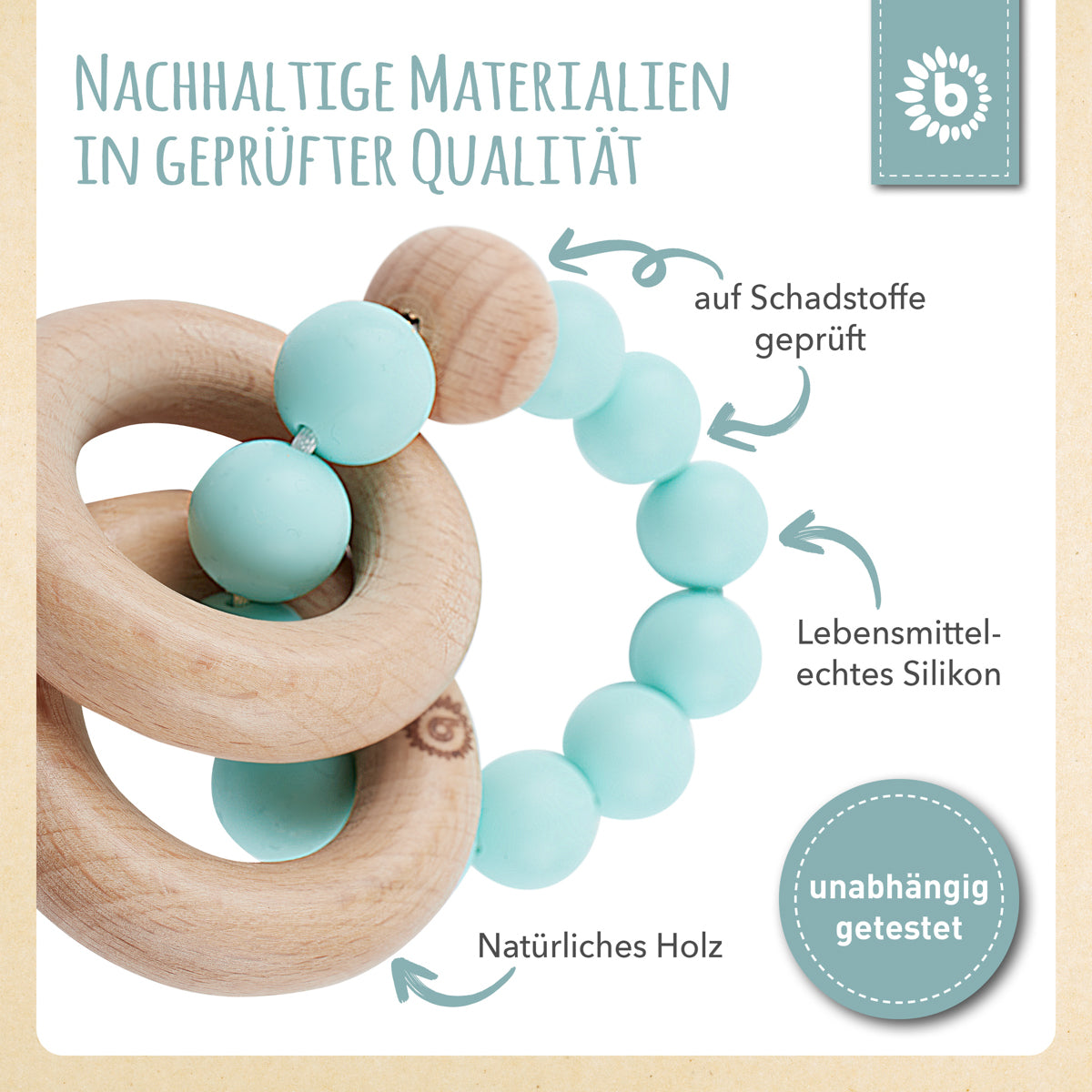 Beißring mit Silikonkette teal