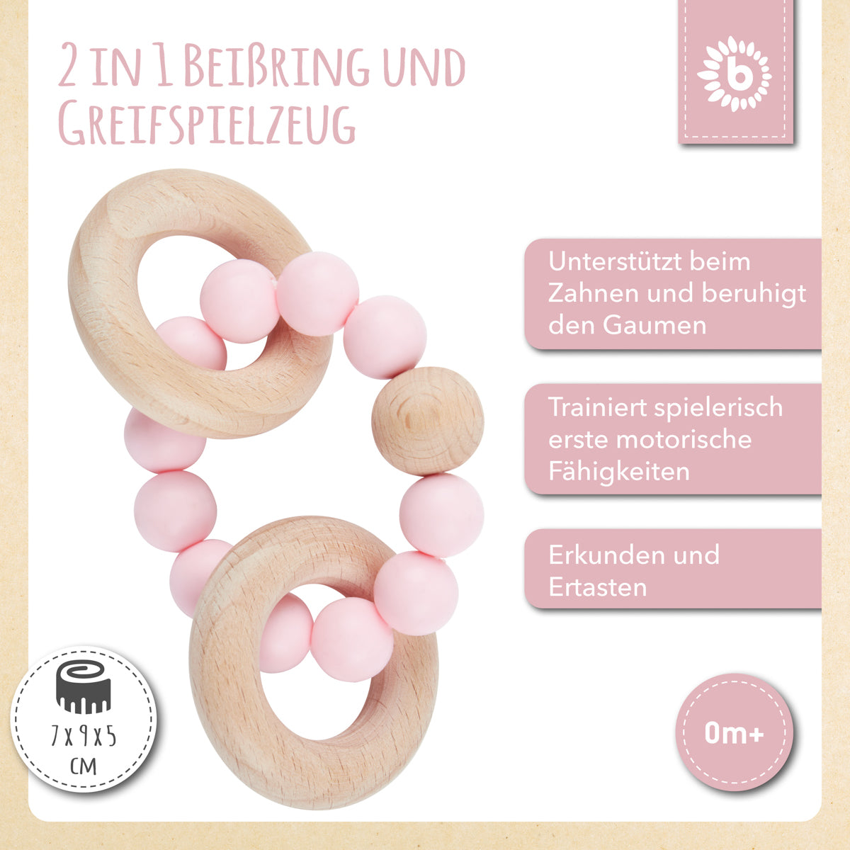 Beißring mit Silikonkette rose