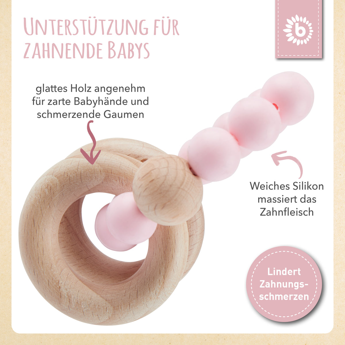 Beißring mit Silikonkette rose