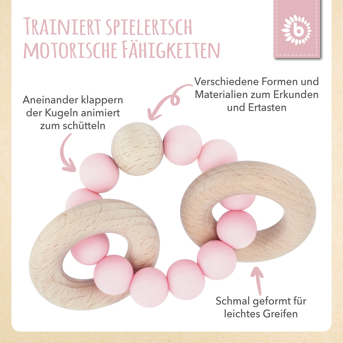 Beißring mit Silikonkette rose