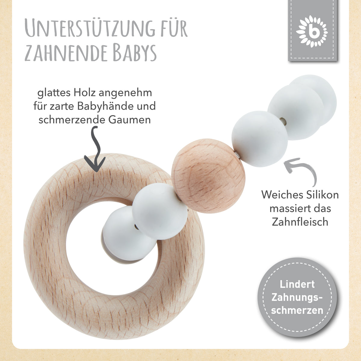 Beißring mit Silikonkette silver