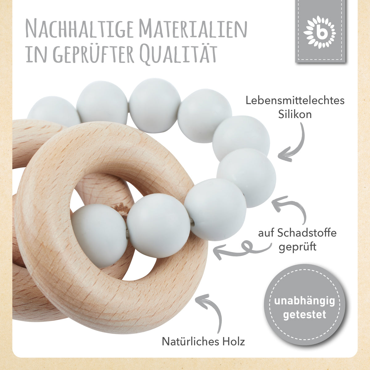 Beißring mit Silikonkette silver